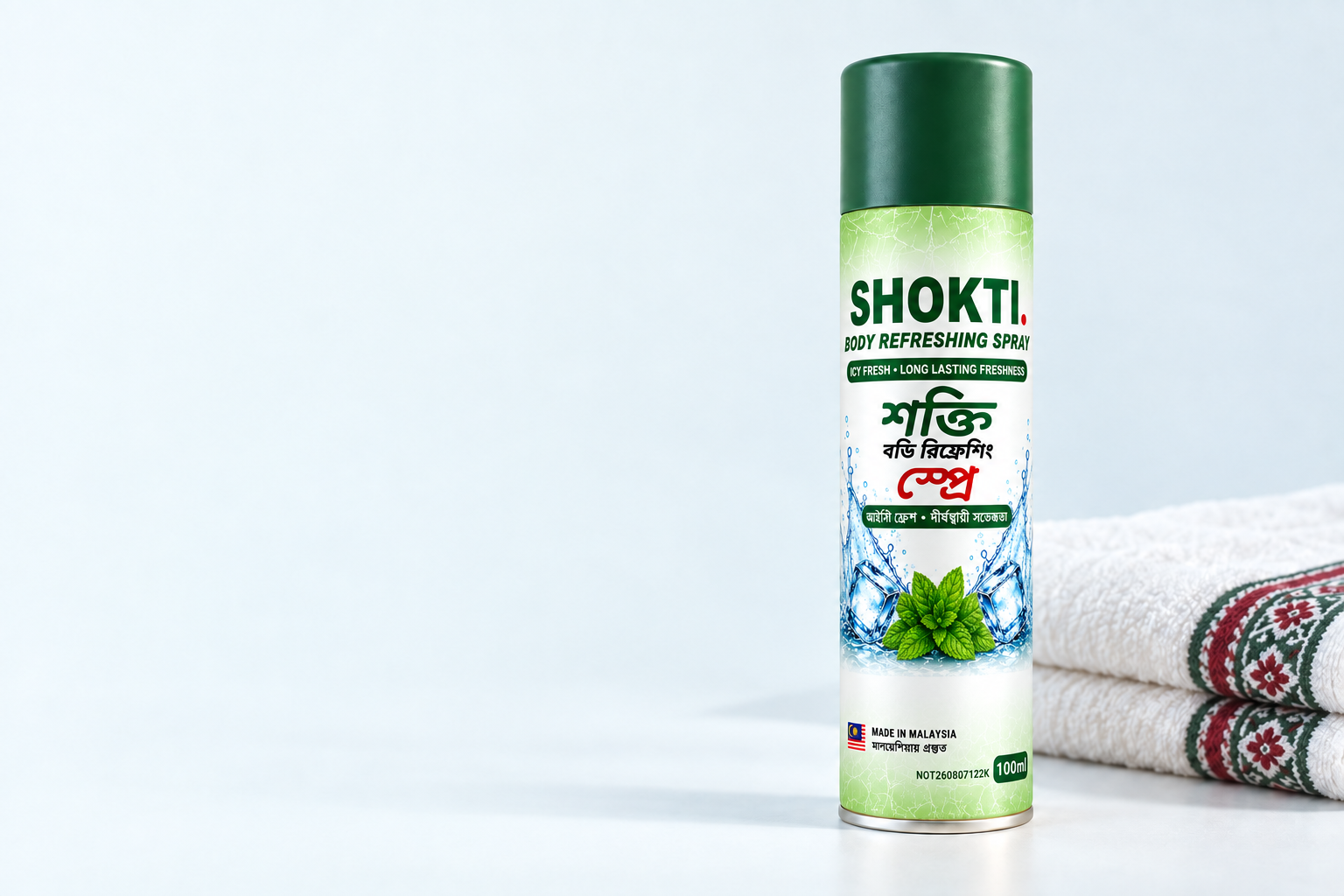 Shokti Body Refreshing Spray with its white and lime-green label, mint and ice artwork, 100 ml
