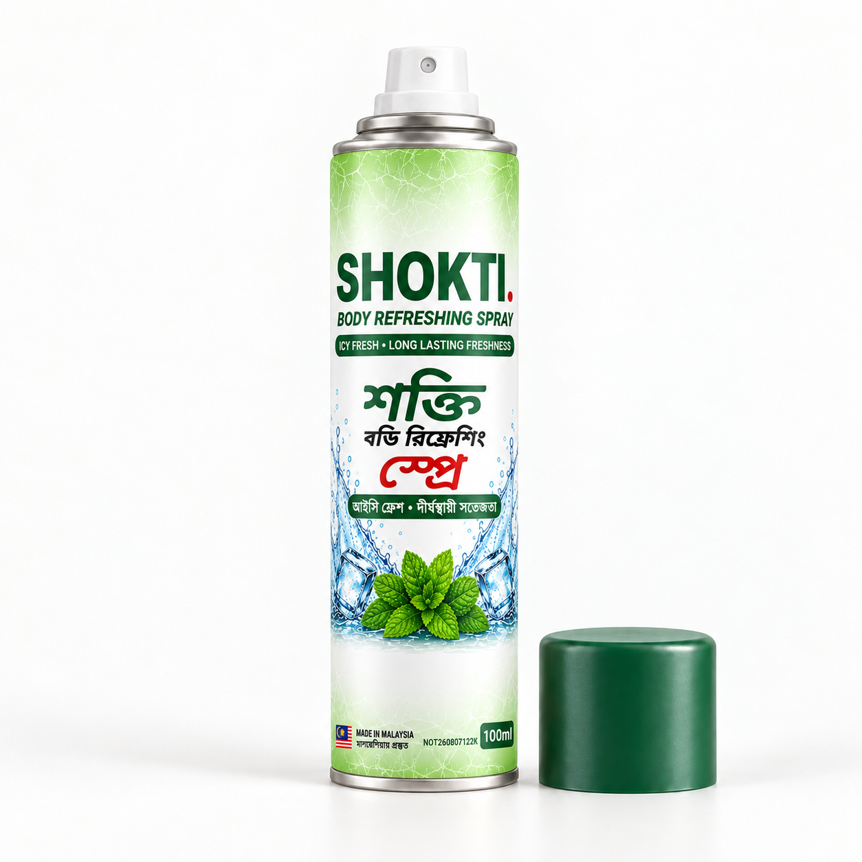 Shokti Body Refreshing Spray with its mint-and-ice label and cap removed